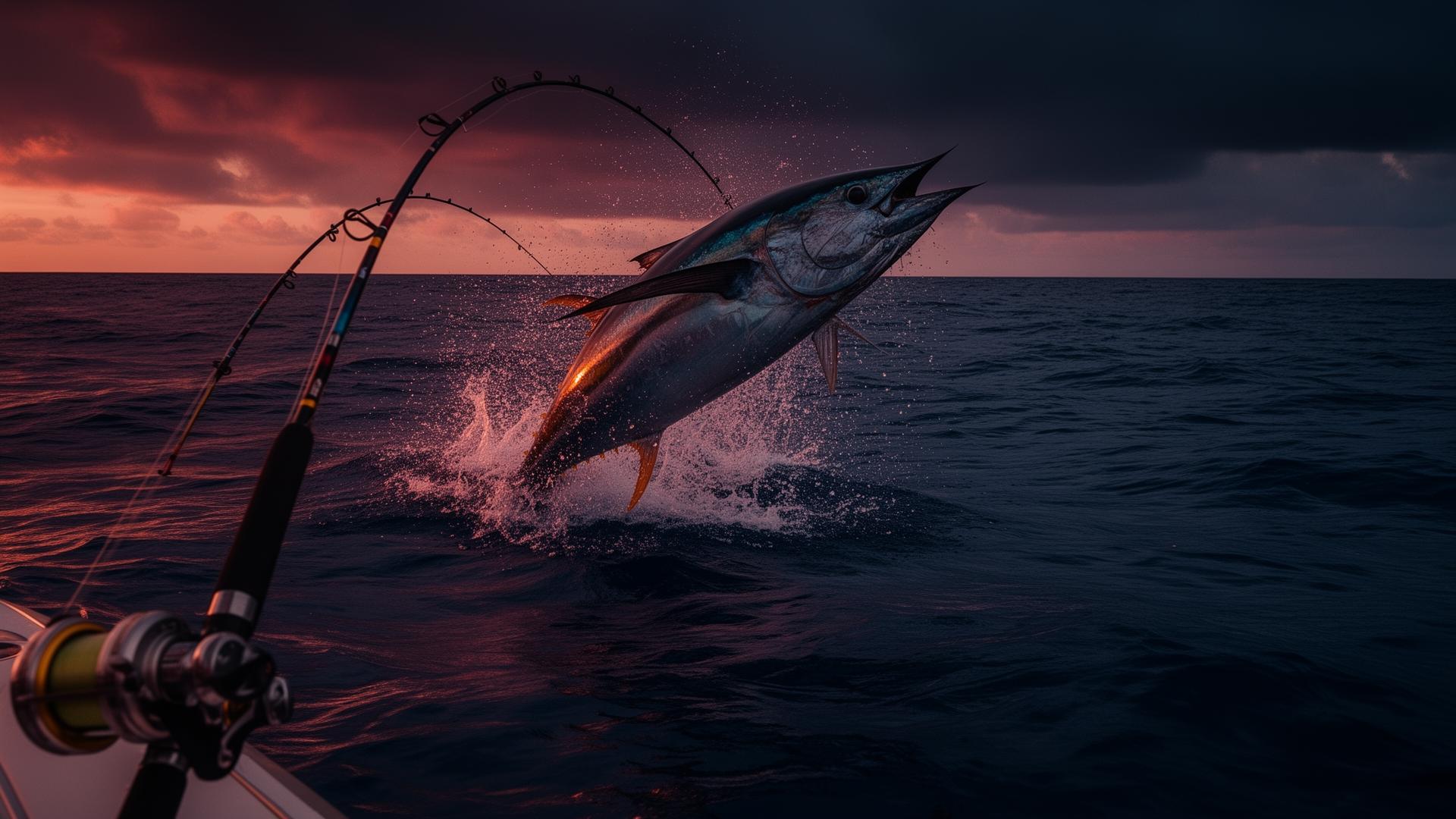 Bluefin tuna leaping at sunset